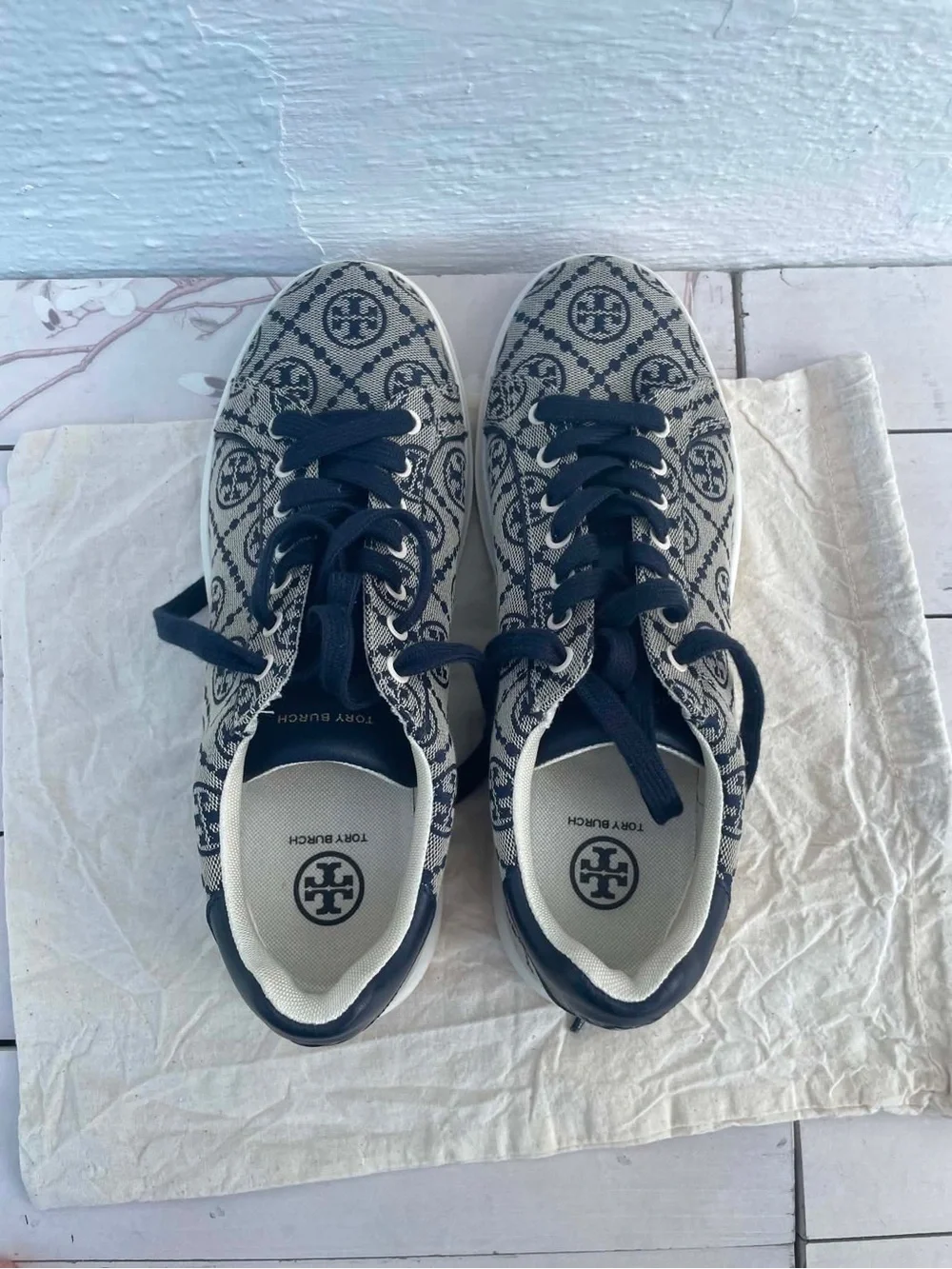 Tory Burch Navy Logo-Pattern Lace-Up Sneakers
